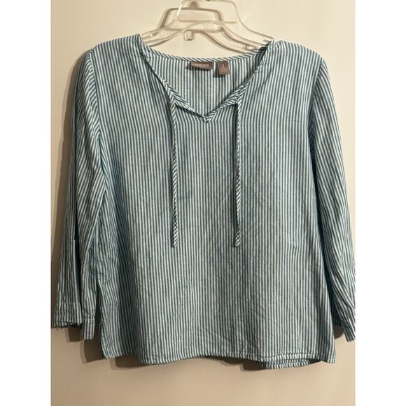 Chico's Tops - Chico's Pullover Tunic Top Sz 1 M Teal White Stripe Linen Blend Beach Resort
